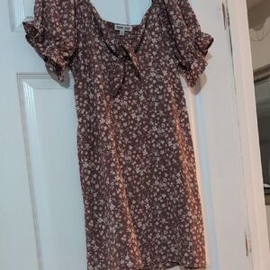 Mimi Chica Brown and Cream Midi Sundress with Puff Sleeves and Scoop Neck